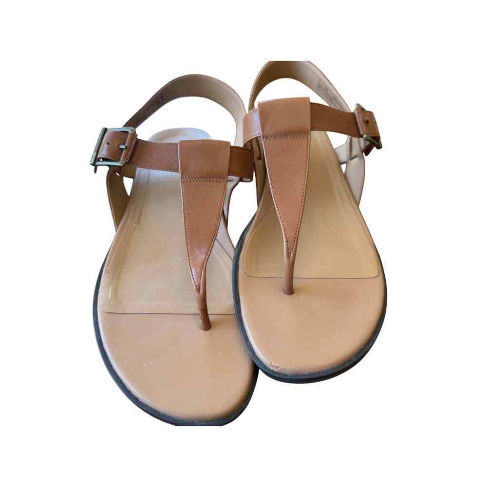 Vionic Cora Tan‎ Leather Thong T-Strap Flat Sandals Womens 10 Buckle Ankle Strap